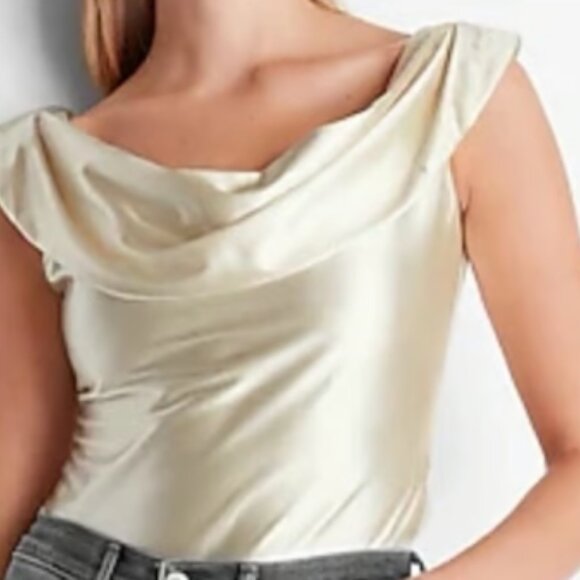 Express Tops - Express Crème Satin Body Suit - off the shoulder elegant
